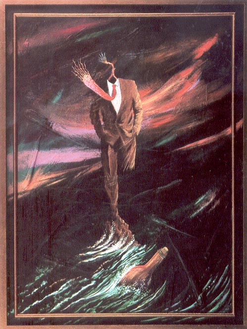 The futility of communication is a recurrent theme is Taylor’s work. Here, he sees himself as a one-legged man, stranded on stormy waters where he’s launched a plea in a bottle, knowing full well it is unlikely to reach a meaningful destination. Note the actual knives built into the surface of this painting. Note also the irony that this painting was done in the same year that he executed his landmark “Tuskers” painting. Characteristically, Taylor has juggled “commerce” and “gut” painting throughout his career.